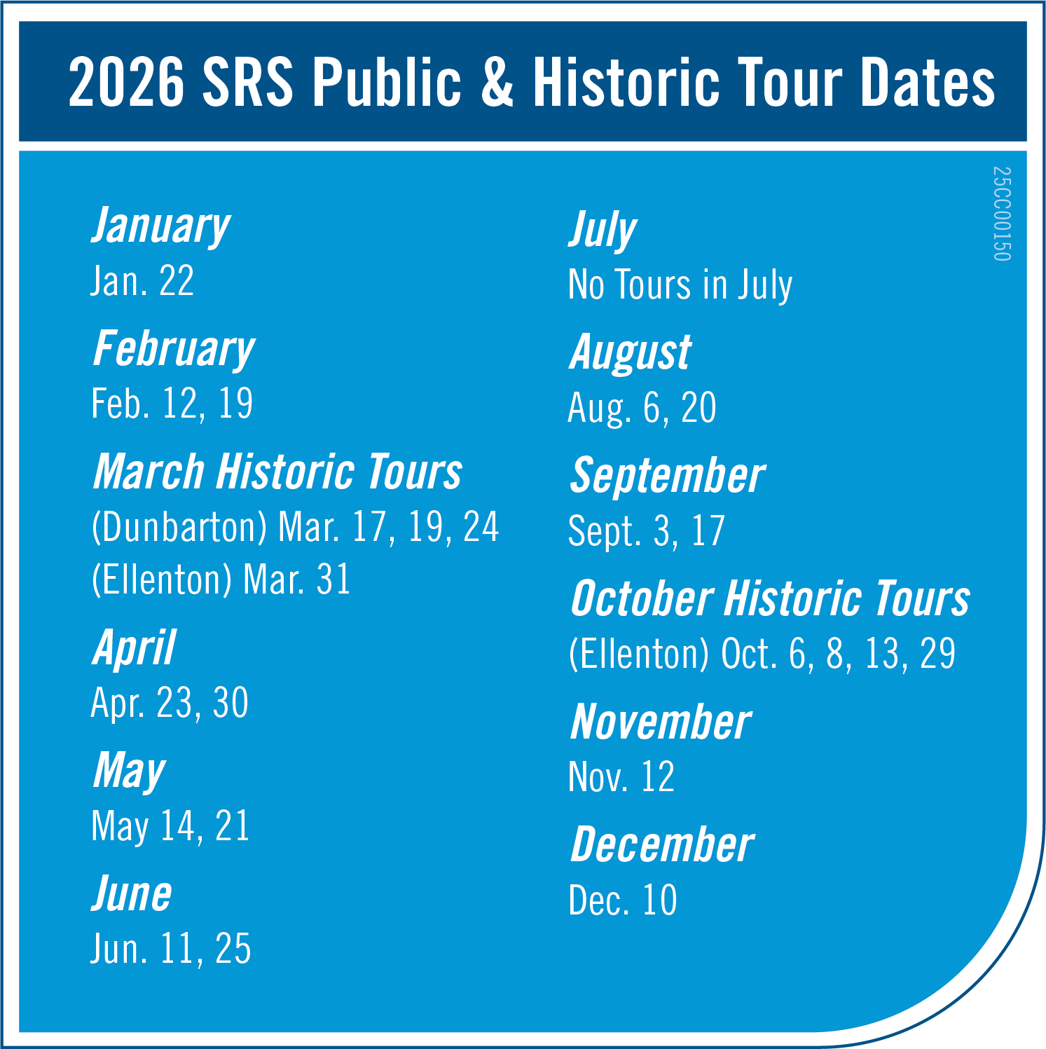 SRS is hosting 21 driving tours and two in-depth walking tours in the upcoming year.