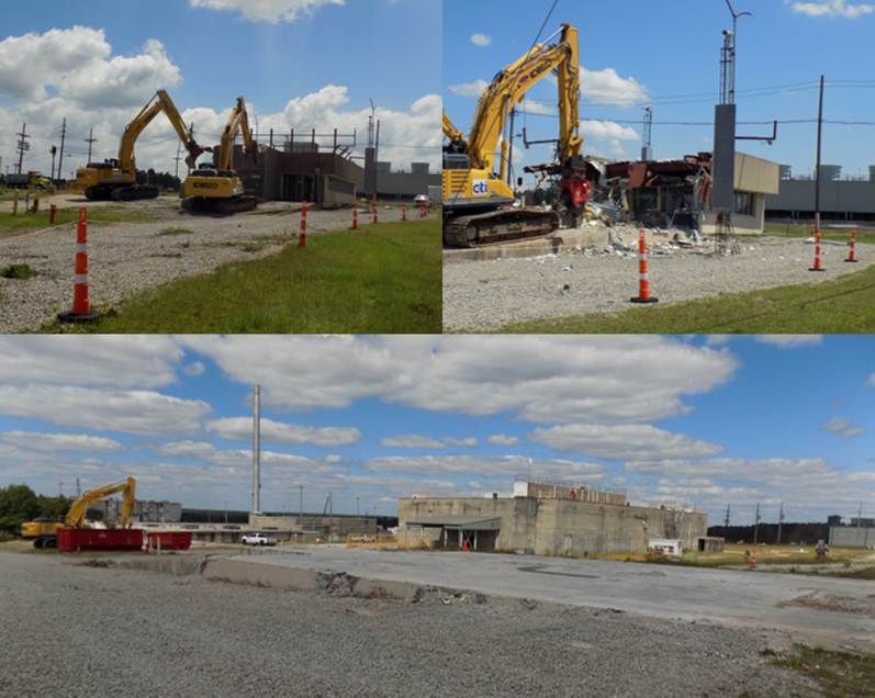 Views of 701-4F Entry Control Facility demolition progress from start to finish.