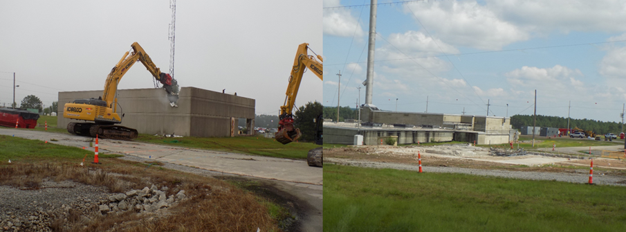 Before and after photos show the successful demolition of the 720-F Central Alarm Station down to a slab.