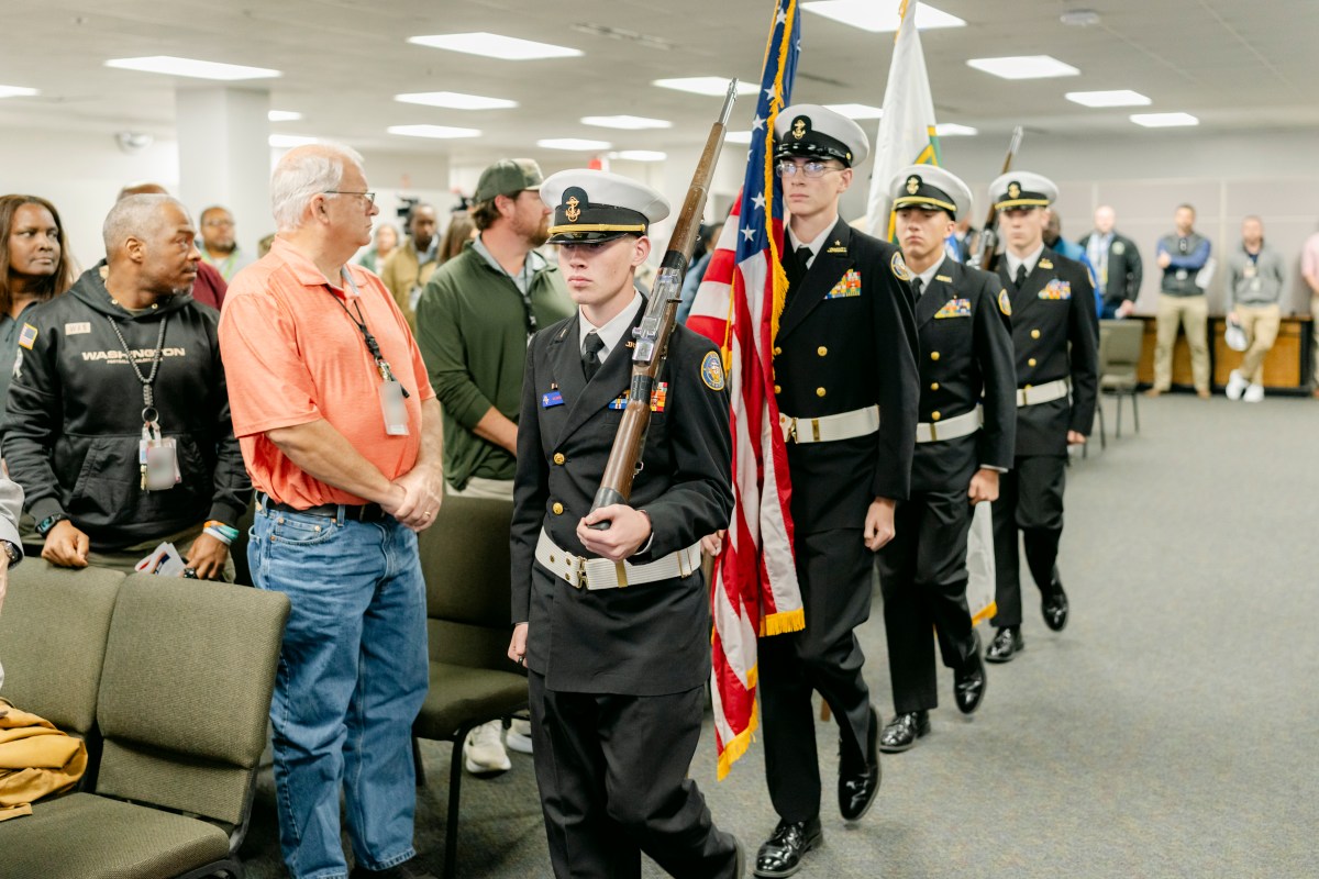 The Midland Valley High School Navy Junior Reserve Officer Training Corps opens the event with the presentation of colors, formally displaying the national and state flags.