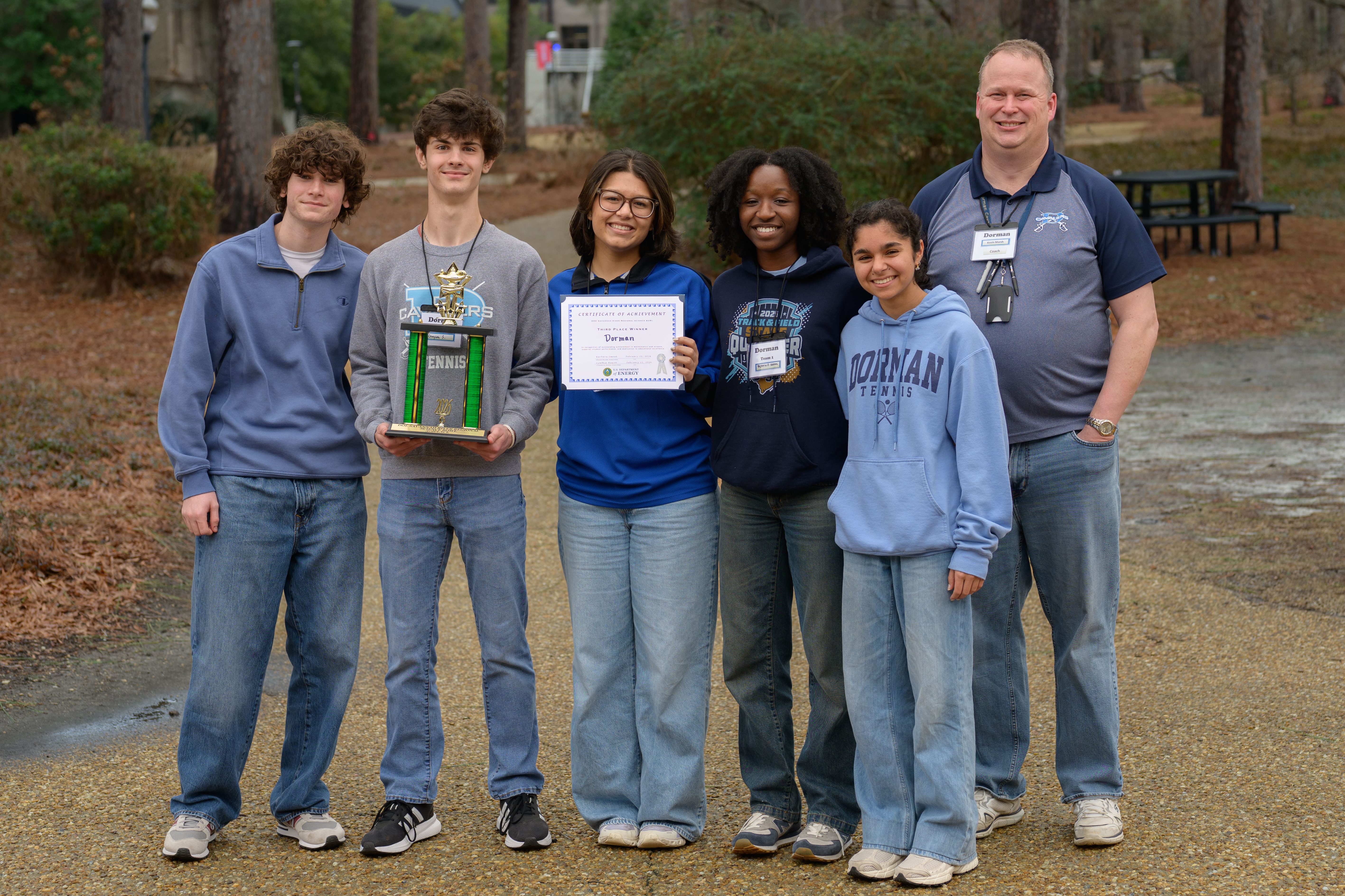3rd Place: Dorman High School Team 1 (left to right) Corben Punch, Greysen Slusher, Mia Rodriguez, Victoria Udensi, Nila Radfor, Coach Kevin Marsh