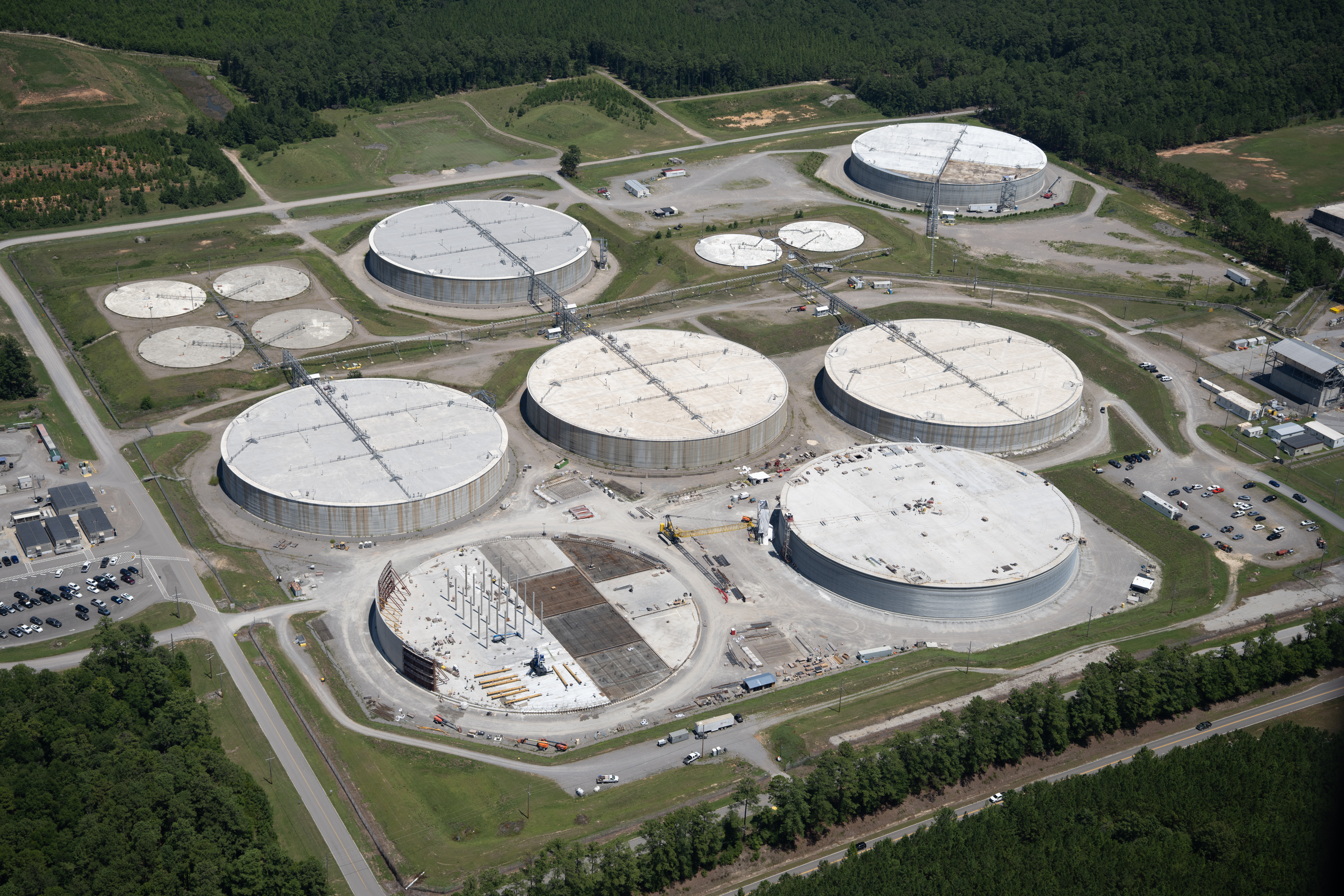 Saltstone Disposal Unit (SDU) 6, center, is surrounded by other massive disposal units at the Savannah River Site. SDU 6 was the first mega-size SDU to be built at the site, and it’s now filled with grout.